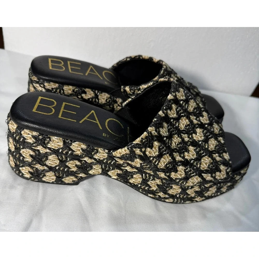 Beach by Matisse Womens 8M Platform Slide Sandals Black Natural Woven Raffia